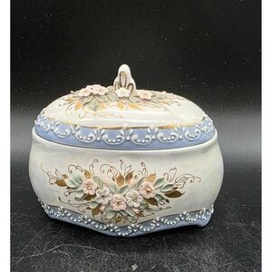 Handcrafted Kislovodsk Porcelain Fenix Floral Lidded Trinket Box Applied Flower